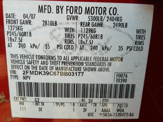 2FMDK39C67BB03177 - 2007 FORD EDGE SEL P RED photo 10