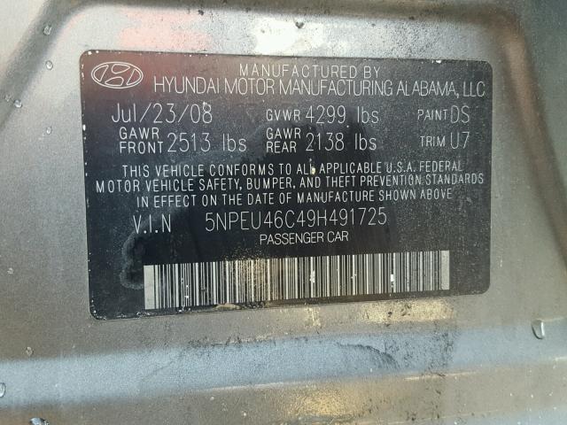 5NPEU46C49H491725 - 2009 HYUNDAI SONATA SE GRAY photo 10