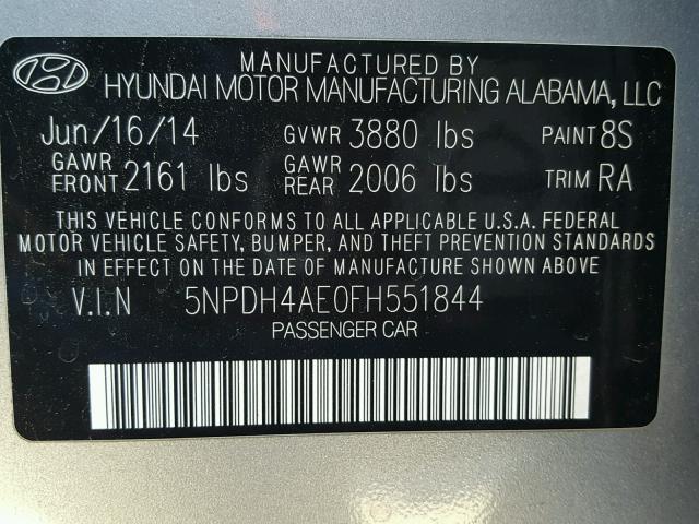 5NPDH4AE0FH551844 - 2015 HYUNDAI ELANTRA SE SILVER photo 10