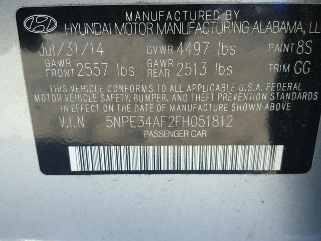 5NPE34AF2FH051812 - 2015 HYUNDAI SONATA SPO SILVER photo 10