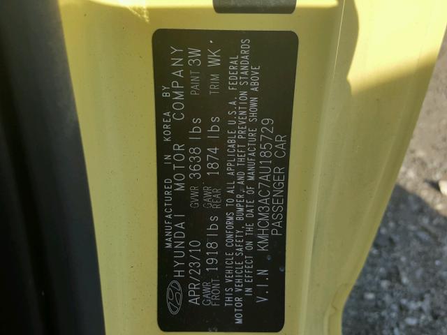 KMHCM3AC7AU185729 - 2010 HYUNDAI ACCENT BLU YELLOW photo 10