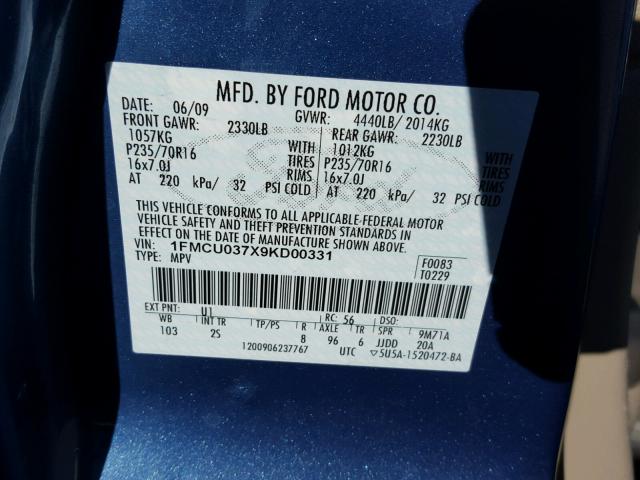 1FMCU037X9KD00331 - 2009 FORD ESCAPE XLT BLUE photo 10