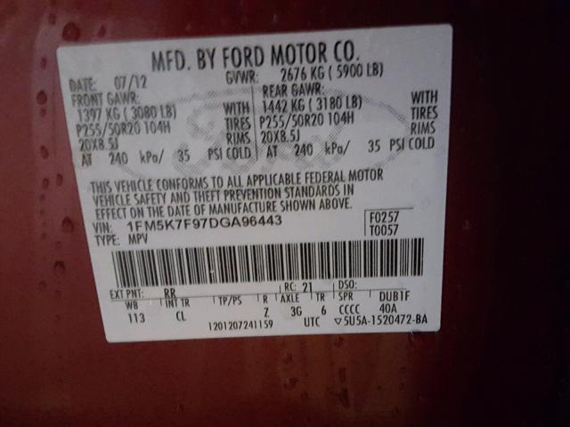 1FM5K7F97DGA96443 - 2013 FORD EXPLORER L RED photo 10