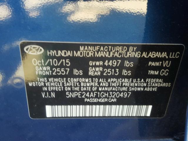 5NPE24AF1GH320497 - 2016 HYUNDAI SONATA SE BLUE photo 10