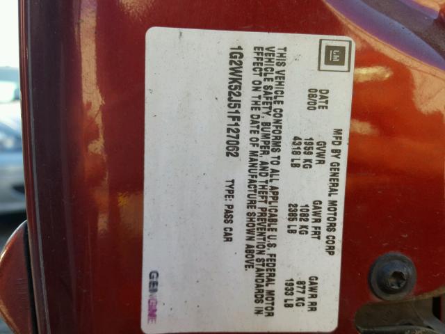 1G2WK52J51F127062 - 2001 PONTIAC GRAND PRIX Tünd qırmızı foto 10