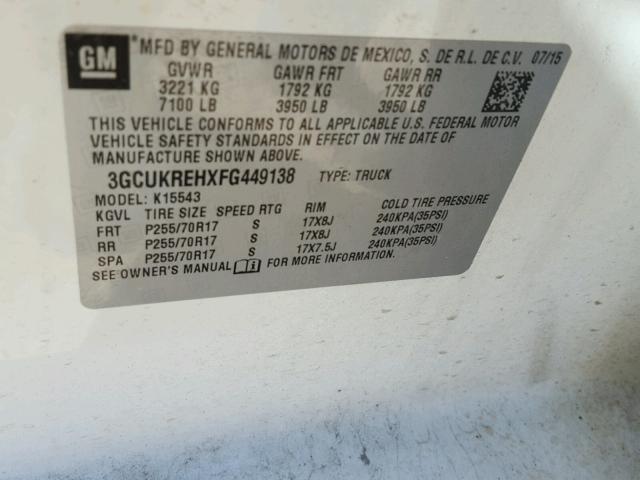 3GCUKREHXFG449138 - 2015 CHEVROLET SILVERADO WHITE photo 10