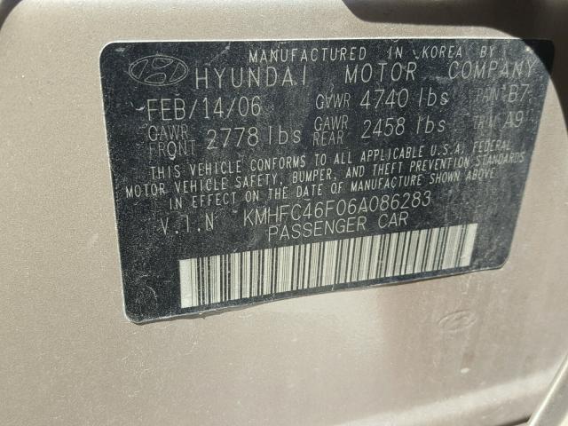 KMHFC46F06A086283 - 2006 HYUNDAI AZERA SE GOLD photo 10