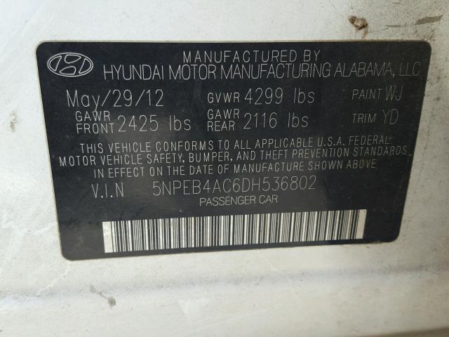 5NPEB4AC6DH536802 - 2013 HYUNDAI SONATA GLS WHITE photo 10