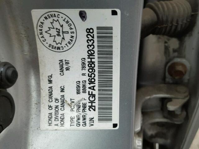 2HGFA16598H103328 - 2008 HONDA CIVIC LX SILVER photo 10