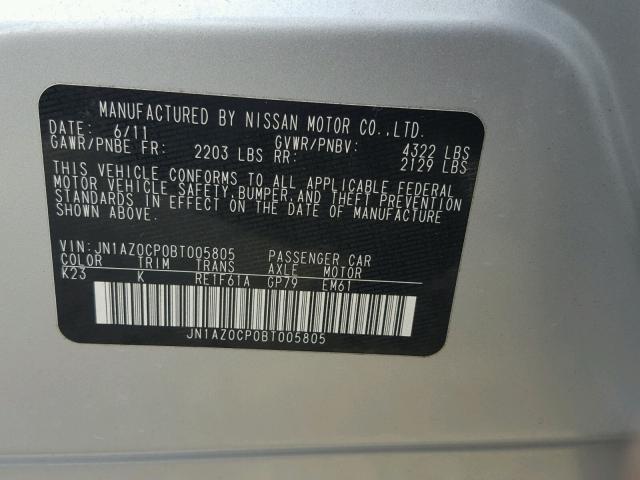 JN1AZ0CP0BT005805 - 2011 NISSAN LEAF SV SILVER photo 10