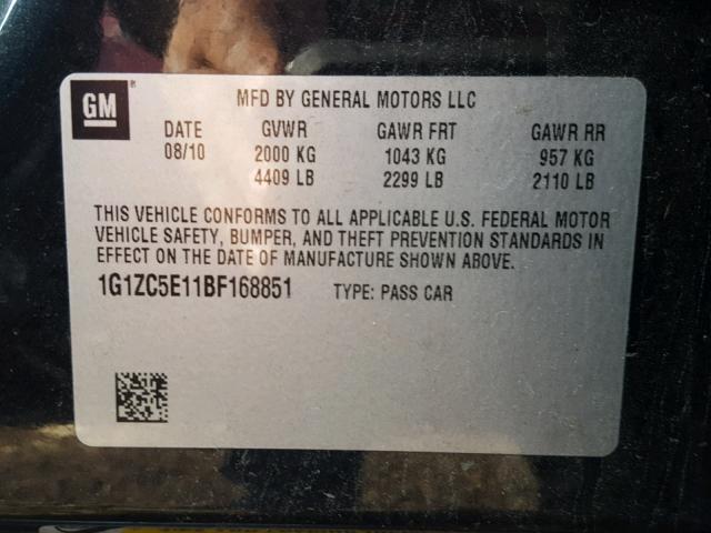 1G1ZC5E11BF168851 - 2011 CHEVROLET MALIBU 1LT 黑色 照片 10