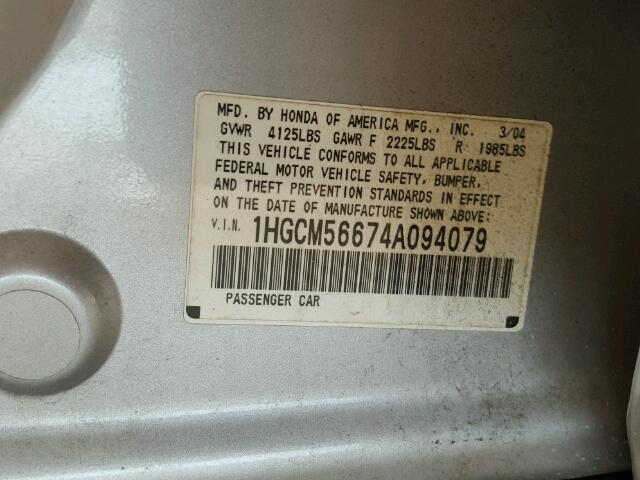 1HGCM56674A094079 - 2004 HONDA ACCORD EX SILVER photo 10