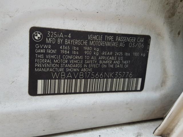 WBAVB17566NK35776 - 2006 BMW 325 I AUTO WHITE photo 10