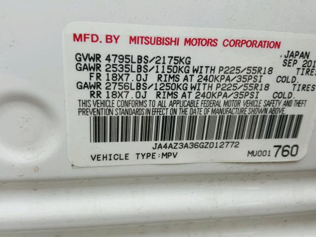 JA4AZ3A36GZ012772 - 2016 MITSUBISHI OUTLANDER WHITE photo 10