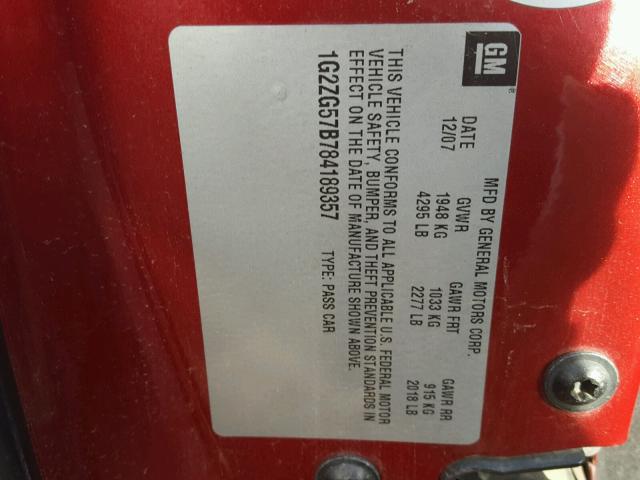 1G2ZG57B784189357 - 2008 PONTIAC G6 BASE RED photo 10