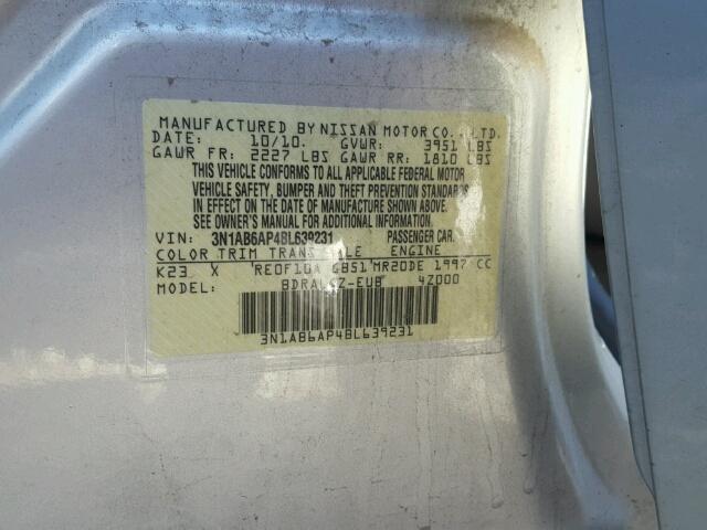 3N1AB6AP4BL639231 - 2011 NISSAN SENTRA 2.0 SILVER photo 10