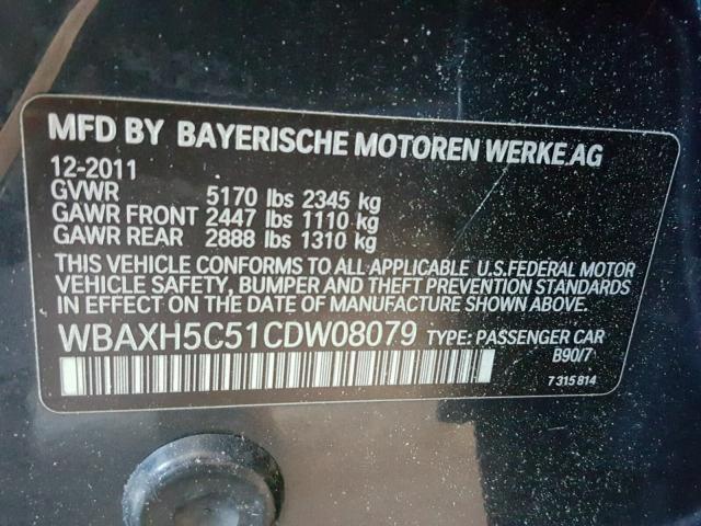 WBAXH5C51CDW08079 - 2012 BMW 528 XI BLACK photo 10
