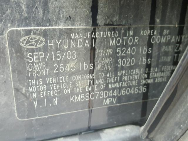 KM8SC73D44U604636 - 2004 HYUNDAI SANTA FE G BLUE photo 10