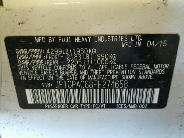 JF1GPAC68FH274658 - 2015 SUBARU IMPREZA PR WHITE photo 10