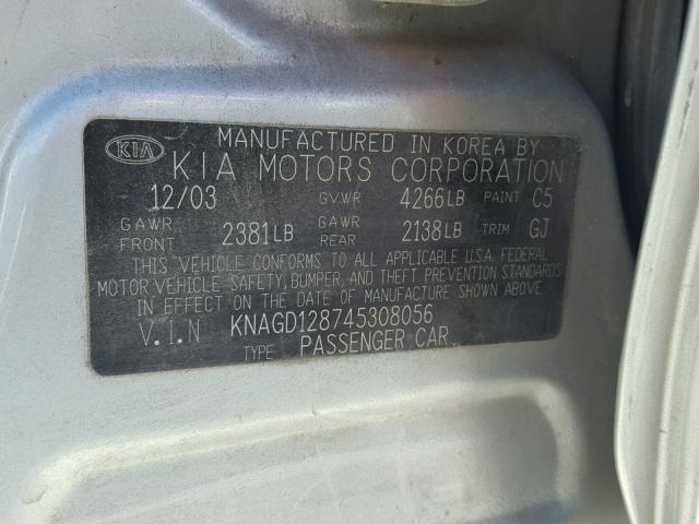 KNAGD128745308056 - 2004 KIA OPTIMA LX GRAY photo 10