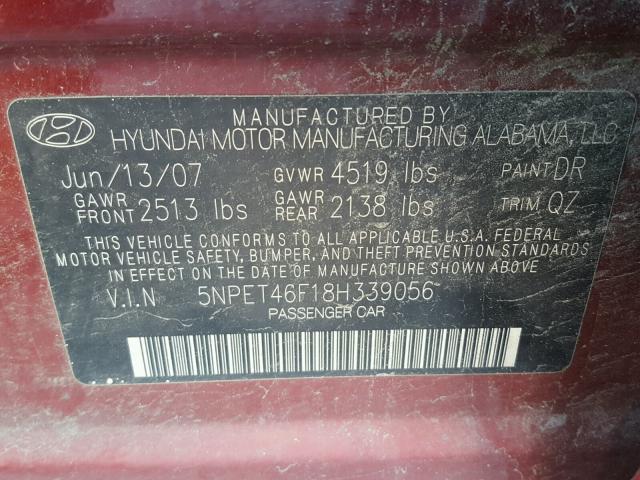 5NPET46F18H339056 - 2008 HYUNDAI SONATA GLS MAROON photo 10