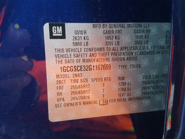 1GCGSCE32G1167669 - 2016 CHEVROLET COLORADO L BLUE photo 10