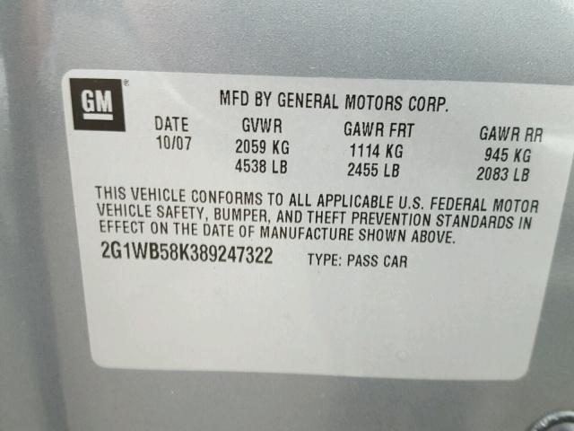 2G1WB58K389247322 - 2008 CHEVROLET IMPALA GRAY photo 10