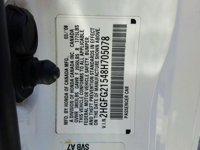 2HGFG21548H705078 - 2008 HONDA CIVIC SI WHITE photo 10