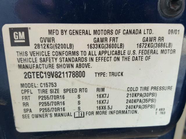 2GTEC19V821178800 - 2002 GMC NEW SIERRA BLUE photo 10