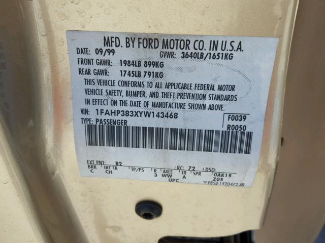 1FAHP383XYW143468 - 2000 FORD FOCUS ZTS GOLD photo 10