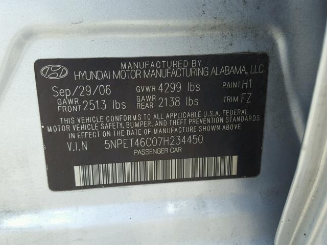 5NPET46C07H234450 - 2007 HYUNDAI SONATA GLS SILVER photo 10