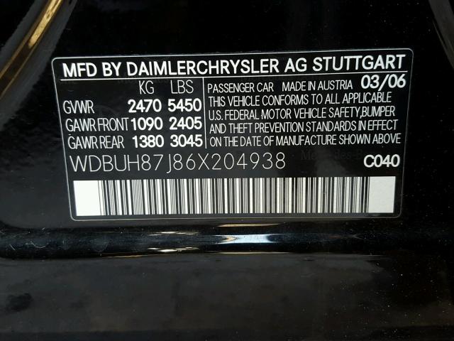 WDBUH87J86X204938 - 2006 MERCEDES-BENZ E BLACK photo 10