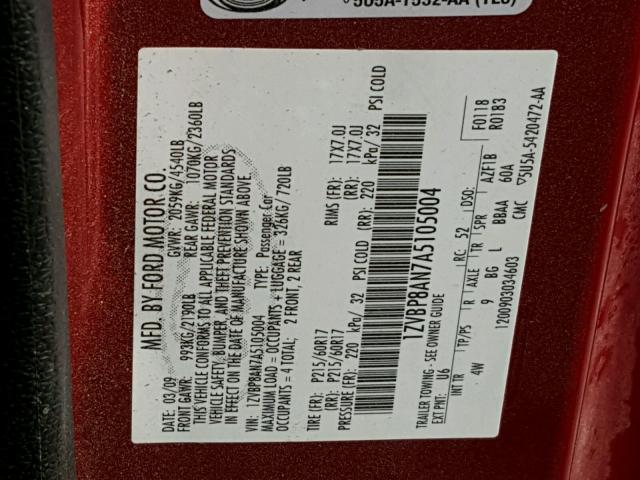 1ZVBP8AN7A5105004 - 2010 FORD MUSTANG RED photo 10