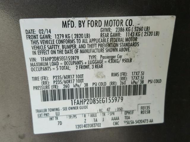 1FAHP2D85EG155979 - 2014 FORD TAURUS SE GRAY photo 10