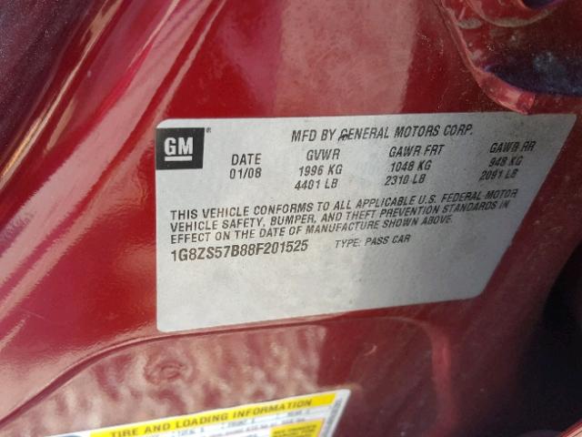 1G8ZS57B88F201525 - 2008 SATURN AURA XE RED photo 10