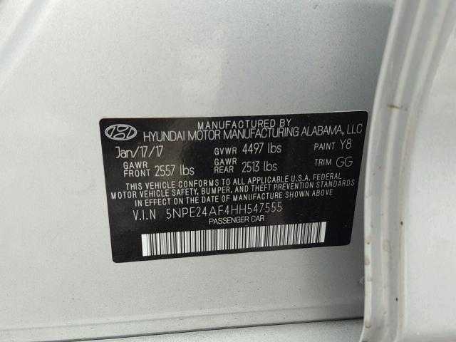 5NPE24AF4HH547555 - 2017 HYUNDAI SONATA SE SILVER photo 10