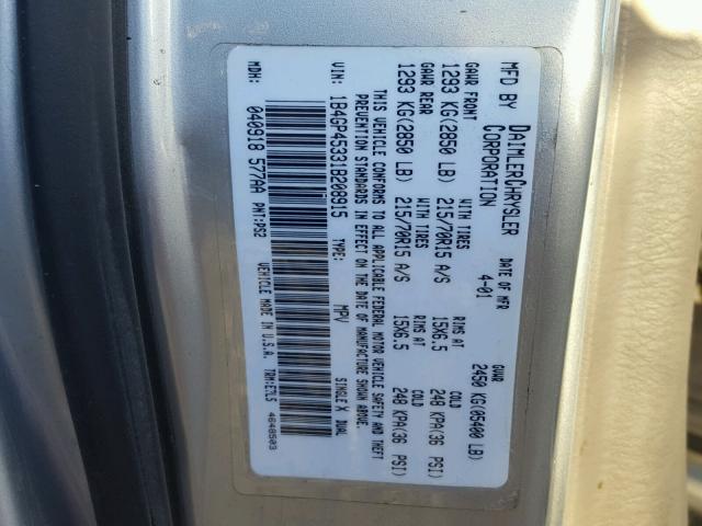 1B4GP45331B208915 - 2001 DODGE CARAVAN SP SILVER photo 10