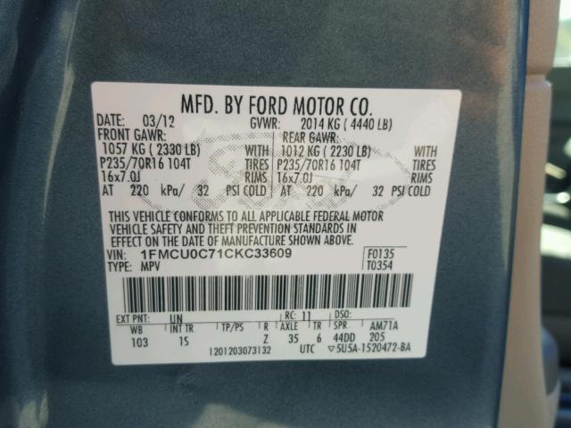 1FMCU0C71CKC33609 - 2012 FORD ESCAPE BLUE photo 10