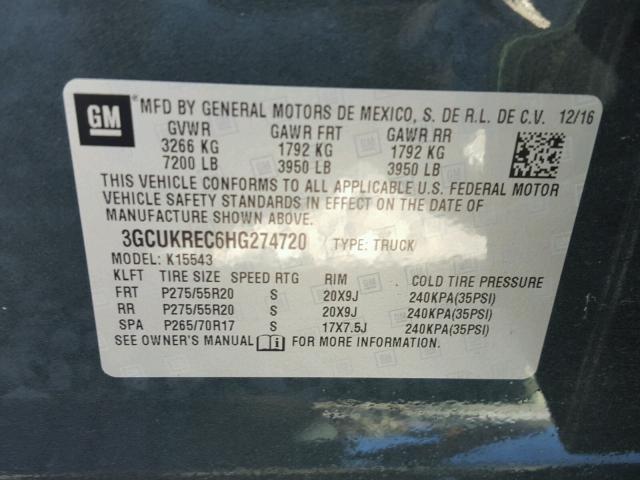 3GCUKREC6HG274720 - 2017 CHEVROLET SILVERADO GRAY photo 10