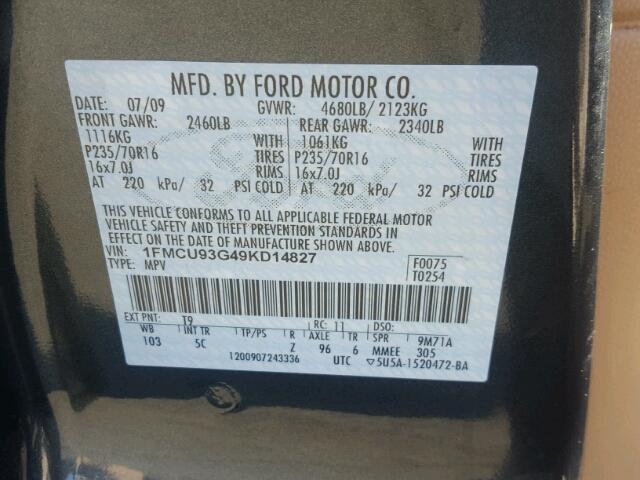 1FMCU93G49KD14827 - 2009 FORD ESCAPE XLT GRAY photo 10