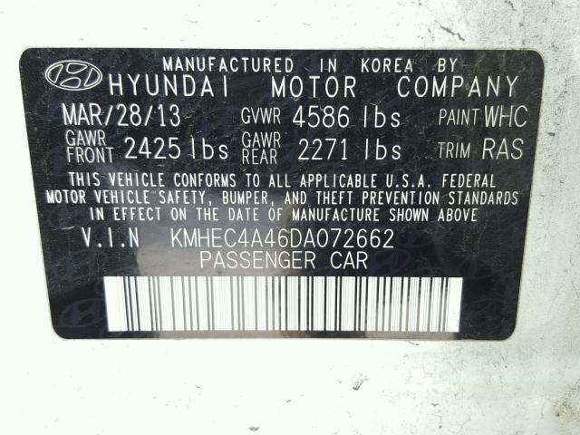 KMHEC4A46DA072662 - 2013 HYUNDAI SONATA HYB WHITE photo 10