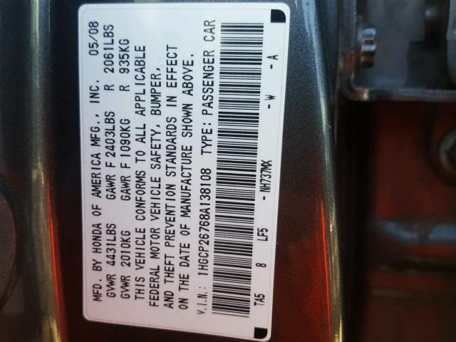 1HGCP26768A138108 - 2008 HONDA ACCORD EX GRAY photo 10