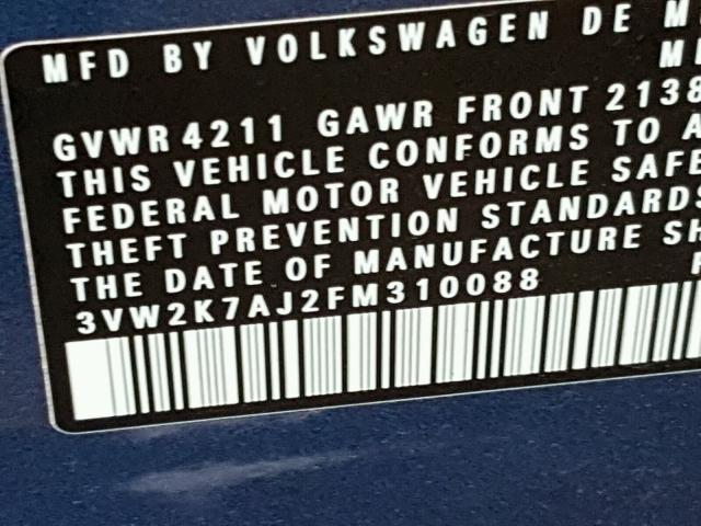 3VW2K7AJ2FM310088 - 2015 VOLKSWAGEN JETTA BASE 蓝色 照片 10