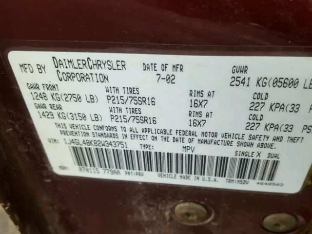 1J4GL48K82W343751 - 2002 JEEP LIBERTY SP MAROON photo 10