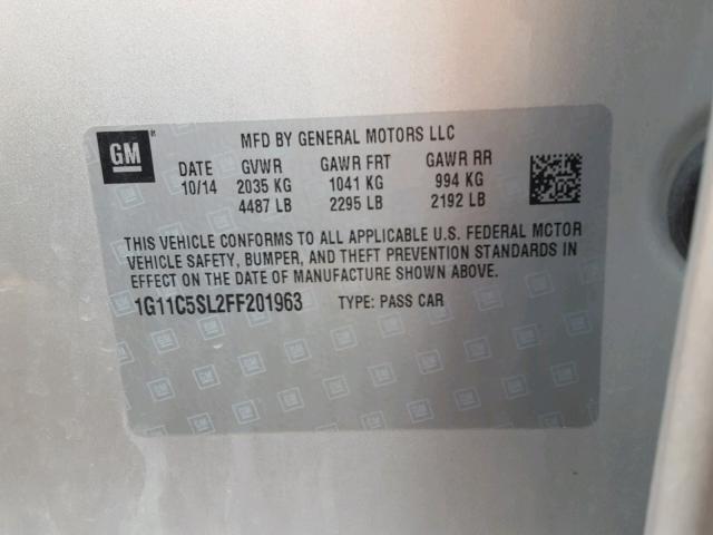 1G11C5SL2FF201963 - 2015 CHEVROLET MALIBU 1LT SILVER photo 10