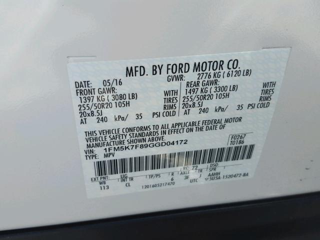 1FM5K7F89GGD04172 - 2016 FORD EXPLORER L WHITE photo 10