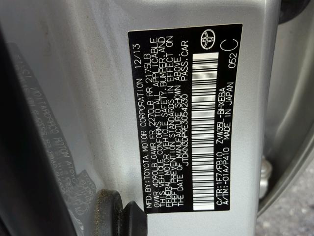JTDKN3DP9E3054230 - 2014 TOYOTA PRIUS PLUG SILVER photo 10