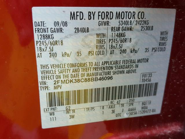 2FMDK38C88BB46096 - 2008 FORD EDGE SEL RED photo 10