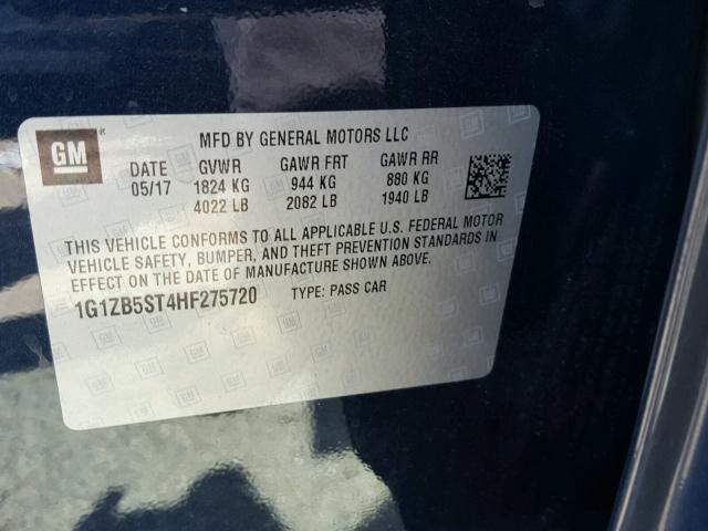 1G1ZB5ST4HF275720 - 2017 CHEVROLET MALIBU LS ლურჯი ფოტო 10