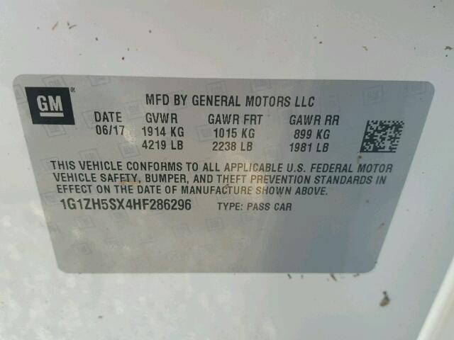 1G1ZH5SX4HF286296 - 2017 CHEVROLET MALIBU PRE WHITE photo 10